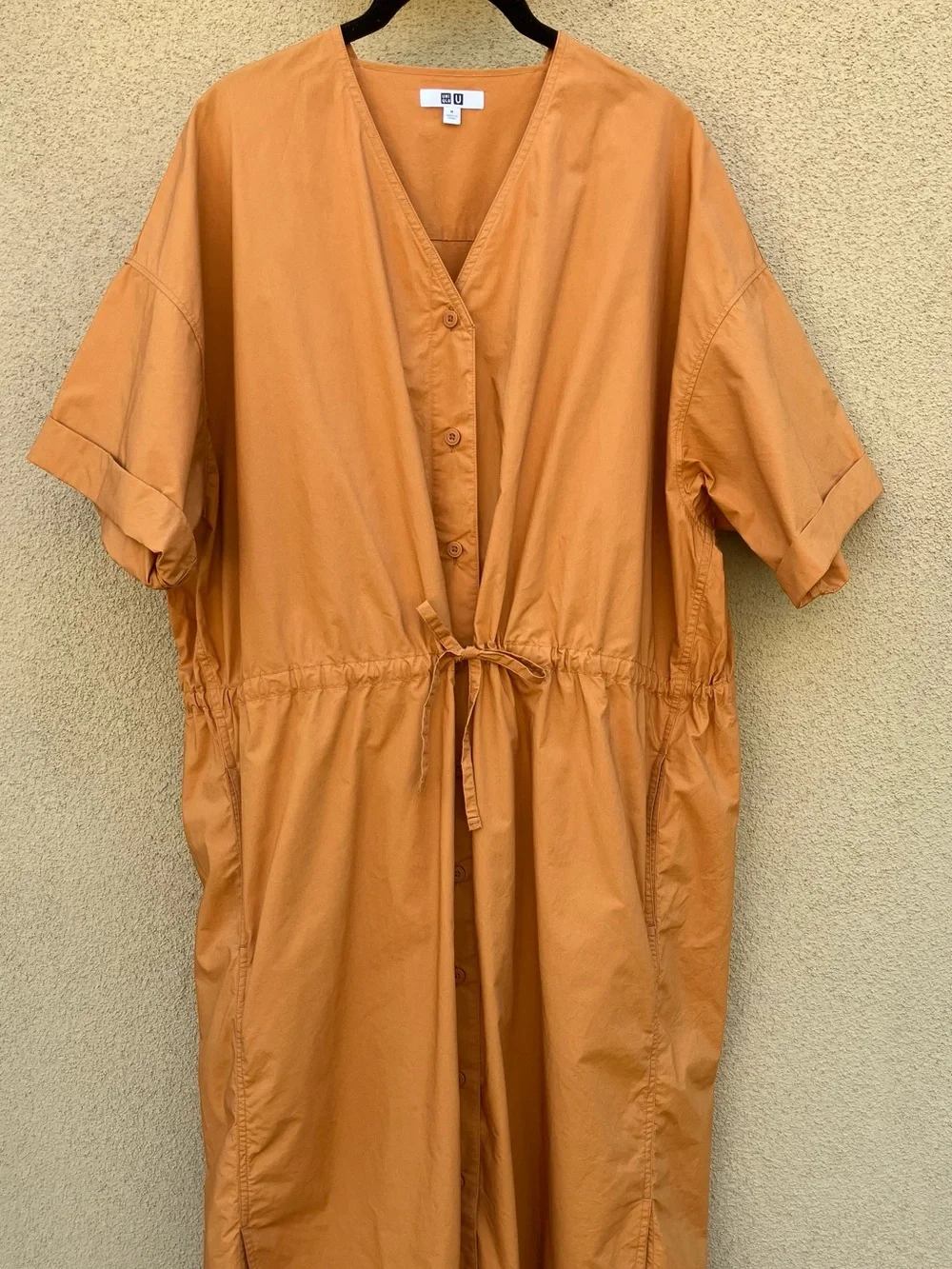 Uniqlo U V-Neck Button-Front Dress in Mustard Orange
